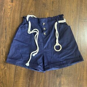 Rope Belted High Waster Navy Shorts